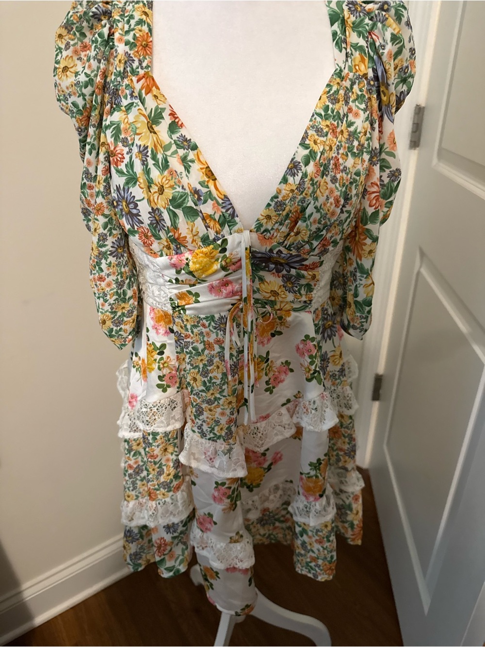 For Love & Lemons White Floral Tie-Front Ruffle Midi Dress